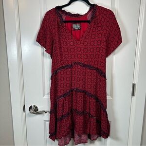 Anthropologie Red and Black Tiered Ruffed Dress‎ Women’s Size Medium Boho